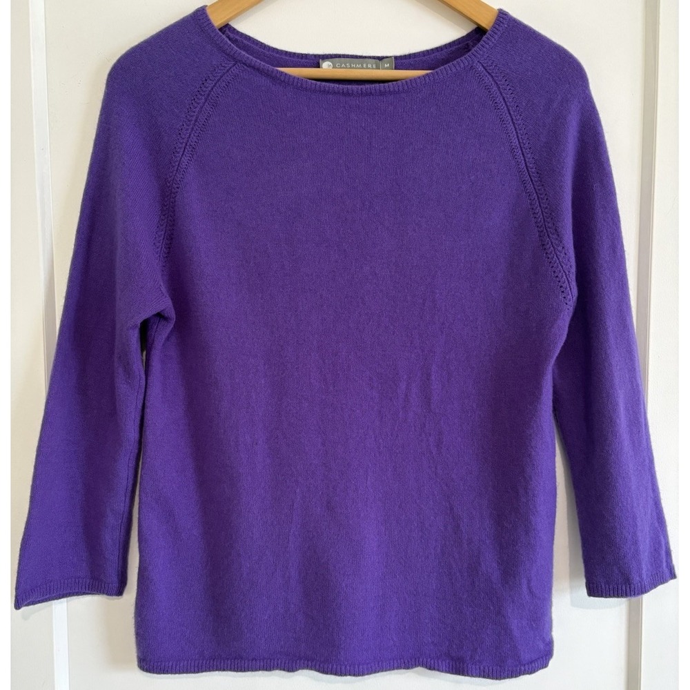 In Cashmere 100% Cashmere Purple Boatneck Sweater Medium M Raglan 3/4 Sleeve